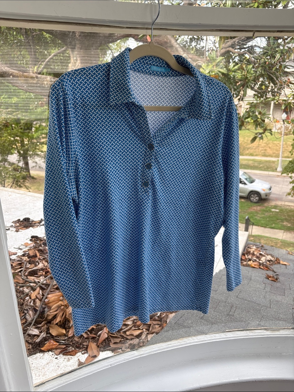 J. McLaughlin Blue Geometric Long-Sleeve Polo